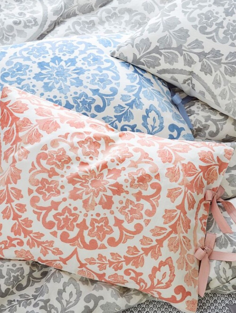 Pottery Barn Coral, Blue, Gray Floral Medallion Pillow Shams